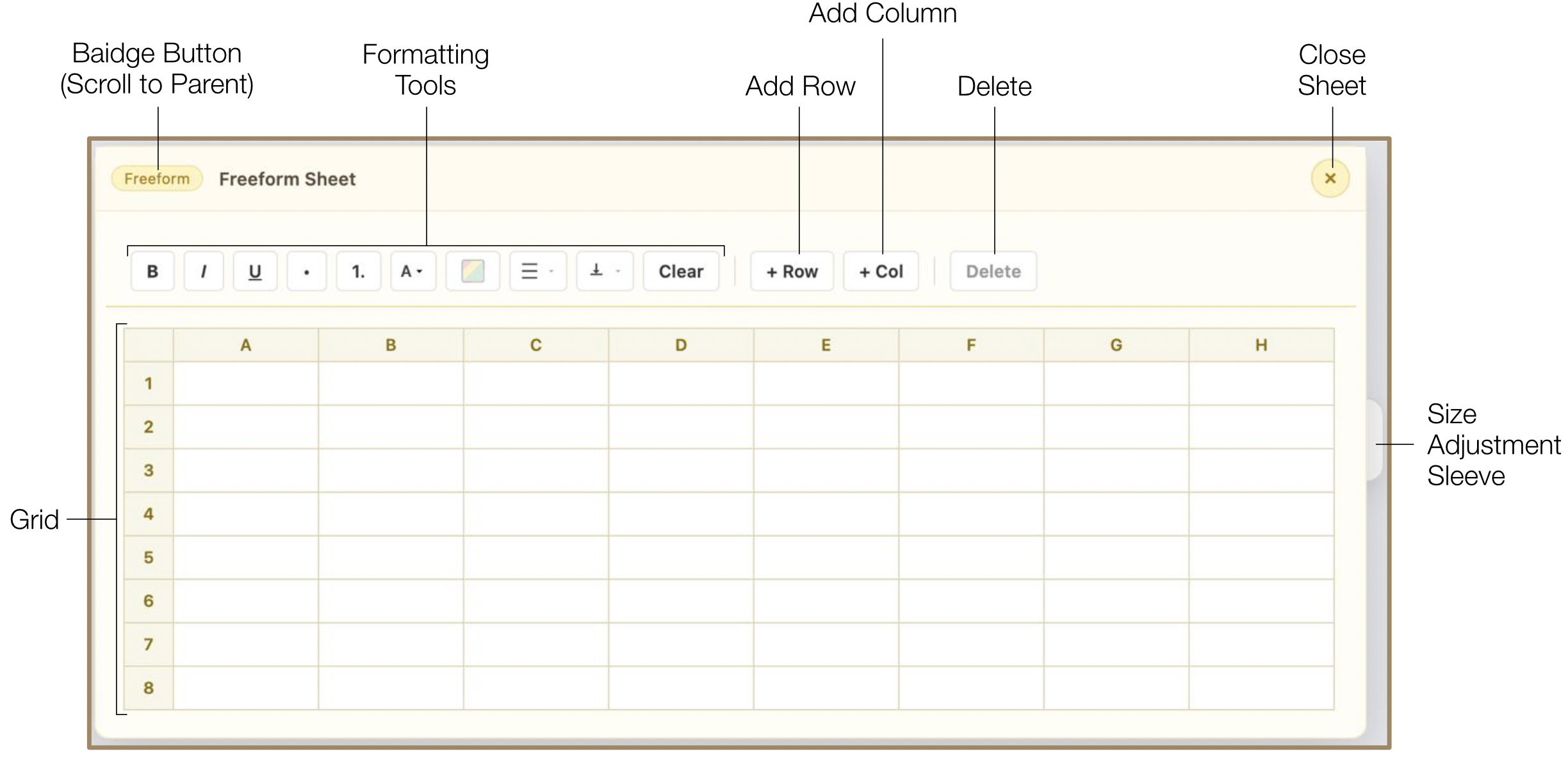 Freeform spreadsheet grid with formulas and text formatting tools